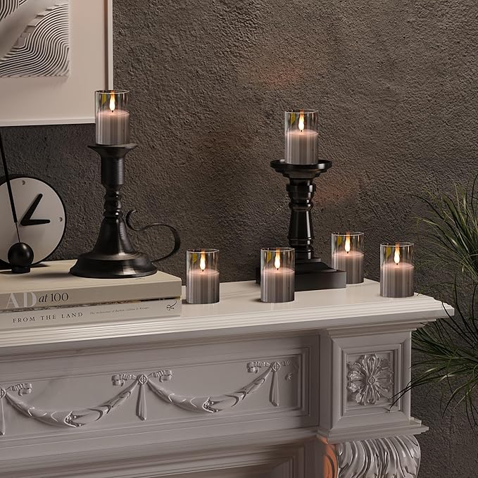 6Pack Glass Flickering Flameless Candles with Remote, 2"X3" Real Wax Votive Candles Battery Operated, Small Electric LED Candles for Wedding Home Decor, w/4 Timers+2 Lighting Modes [Gray]