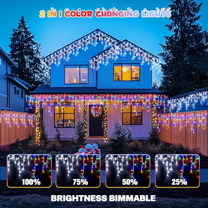 JMEXSUSS Color Changing Lights Outdoor Waterproof,400 LED Christmas Icicle Lights with Remote, White to Multicolor Icicle Lights for Indoor Christmas Eaves Party Decorations