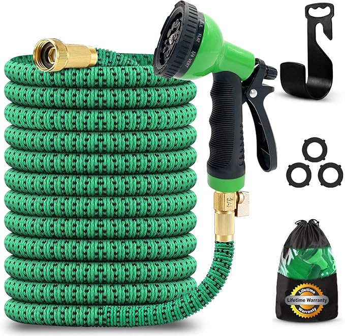 J&B XpandaHose 100ft Expandable Garden Hose with Holder - Heavy Duty Superior Strength 3750D - 4 -Layer Latex Core - Extra Strong Brass Connectors and 10 Spray Nozzle w/Storage Bag (Green 100)
