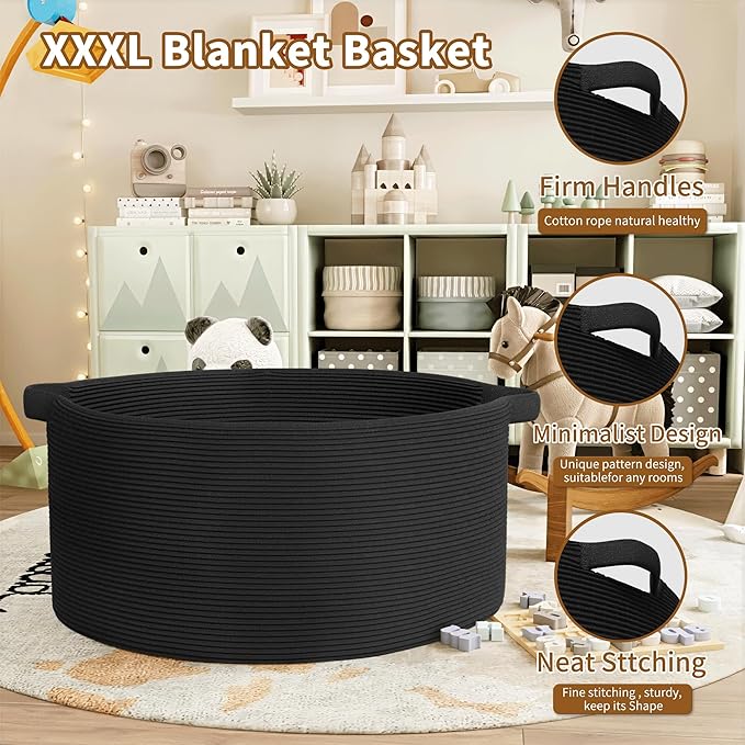 125L Extra Large Blanket Basket, 25" x 16", Jumbo Laundry Woven Baskets Decorative Home, Cotton Rope Basket with Handles, Baby Toy Baskets for Storage, Black, 2PC