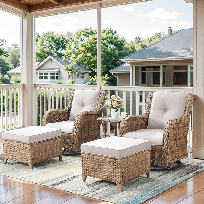 5 Pieces Patio Furniture Sets Wicker Outdoor Furniture, Rattan Patio Swivel Glider Chairs with 2 Ottoman and Glass Side Table, Yellow Wicker