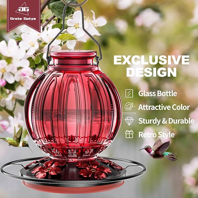 2 Pack Glass Hummingbird Feeder for Outdoors Hanging, Bird Nectar Feeder with Perch & 5 Flower Feeding Ports, 26 Oz Leak Proof for Outside Garden Decor Backyard, Gifts for Women Mom, Red