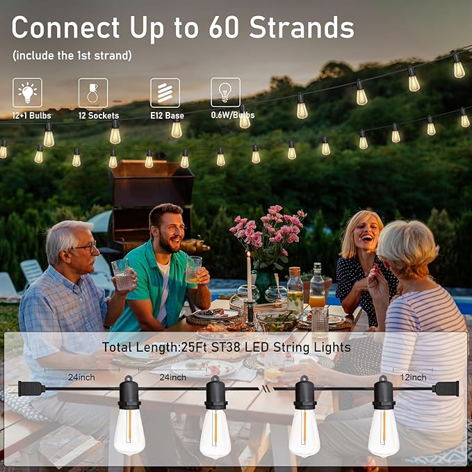GOOTHY 25Ft LED Outdoor String Lights with 13 Edison Shatterproof Bulbs (1 Spare), ST38 Hanging Patio Lights Waterproof for Outdside Porch Deck Backyard Garden Commercial Grade Decorations Lights