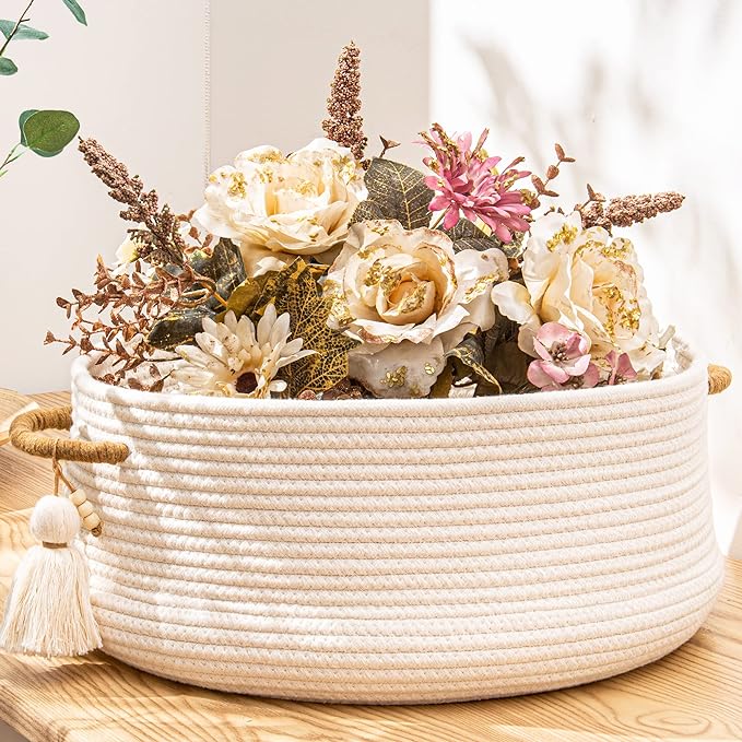 KAKAMAY Woven Baskets for Storage(16"x8"),Blanket Basket for Organizing Living Room,Cotton Rope Basket Woven Baby Laundry Hamper,Collapsible Laundry Room Organization,Clothes,Toy Chest(White)