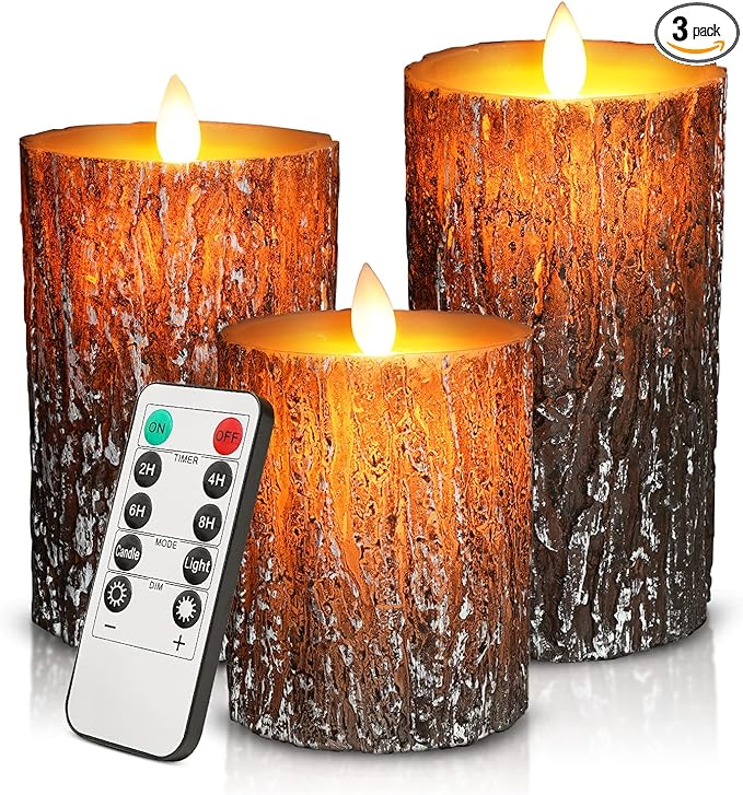 JOSU LED Flameless Candles Pine Bark Effect, Battery Operated Candles with Remote Control, LED Fake Candles, 4" 5" 6" Pack of 3, for Wedding Decor, Table Decor, Home Decoration Gifts (Pine Bark)