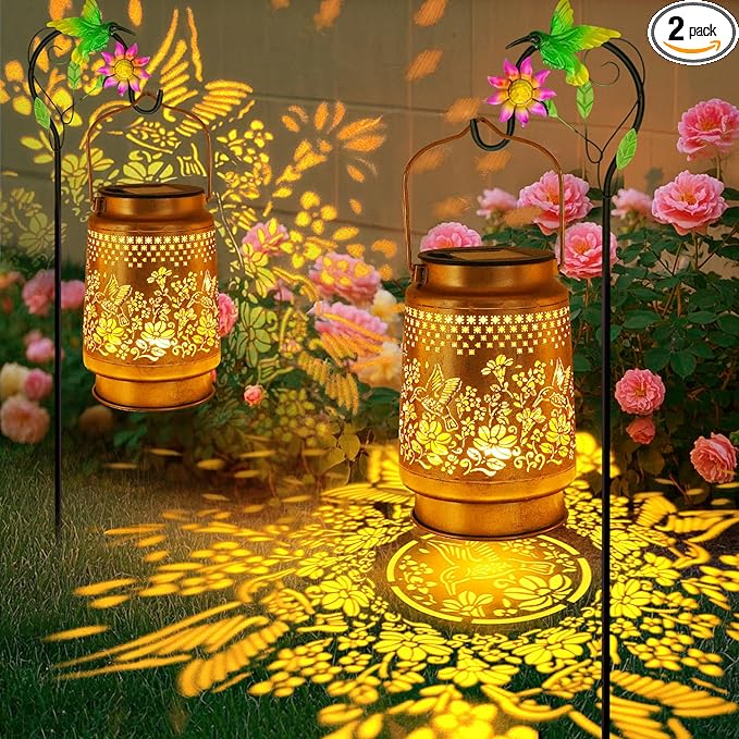 2 Pack Solar Lanterns Outdoor Hanging Lanterns with Shepherd Hook, Birthday Gifts for Women Mom Grandma Hummingbird Metal Decor Lantern Waterproof Solar Lights LED Decorative for Garden Yard Patio