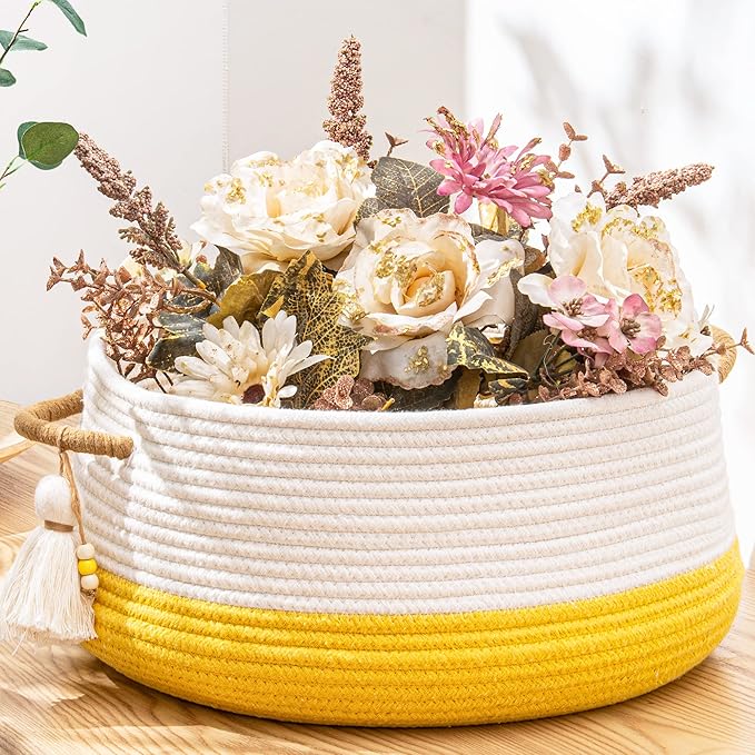 KAKAMAY Woven Baskets for Storage(16"x8"),Blanket Basket for Organizing Living Room,Cotton Rope Basket Woven Baby Laundry Hamper,Collapsible Laundry Room Organization,Clothes,Toy Chest(Yellow)