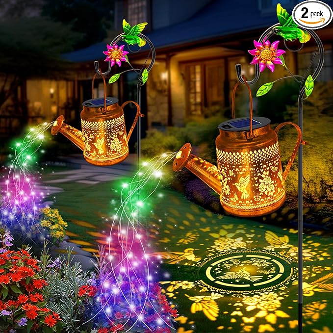 2 Pack Solar Lanterns Outdoor Waterproof,Hummingbird Watering Can Garden Decor,Hanging Solar Path Lights Yard Art,Outside Patio Decorations Gardening Birthday Gifts for Mom Grandma Women (with Hook)