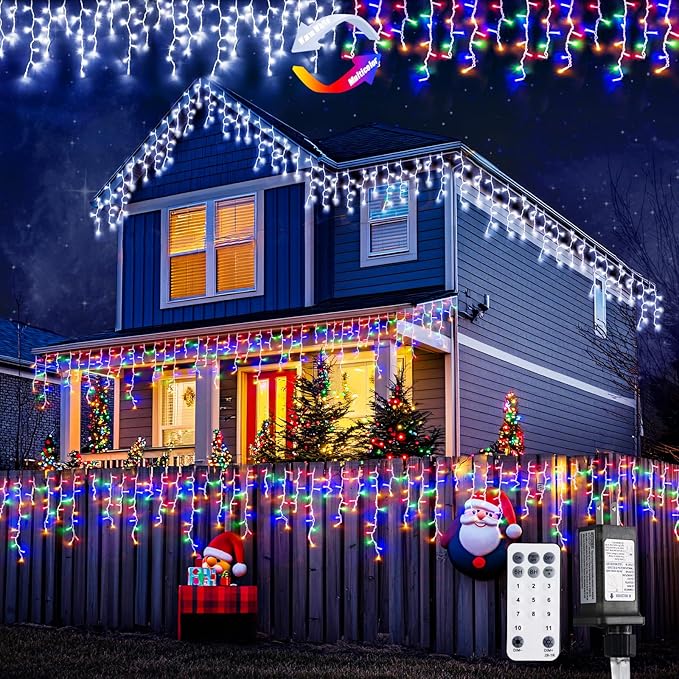JMEXSUSS Color Changing Lights Outdoor Waterproof,400 LED Christmas Icicle Lights with Remote, White to Multicolor Icicle Lights for Indoor Christmas Eaves Party Decorations