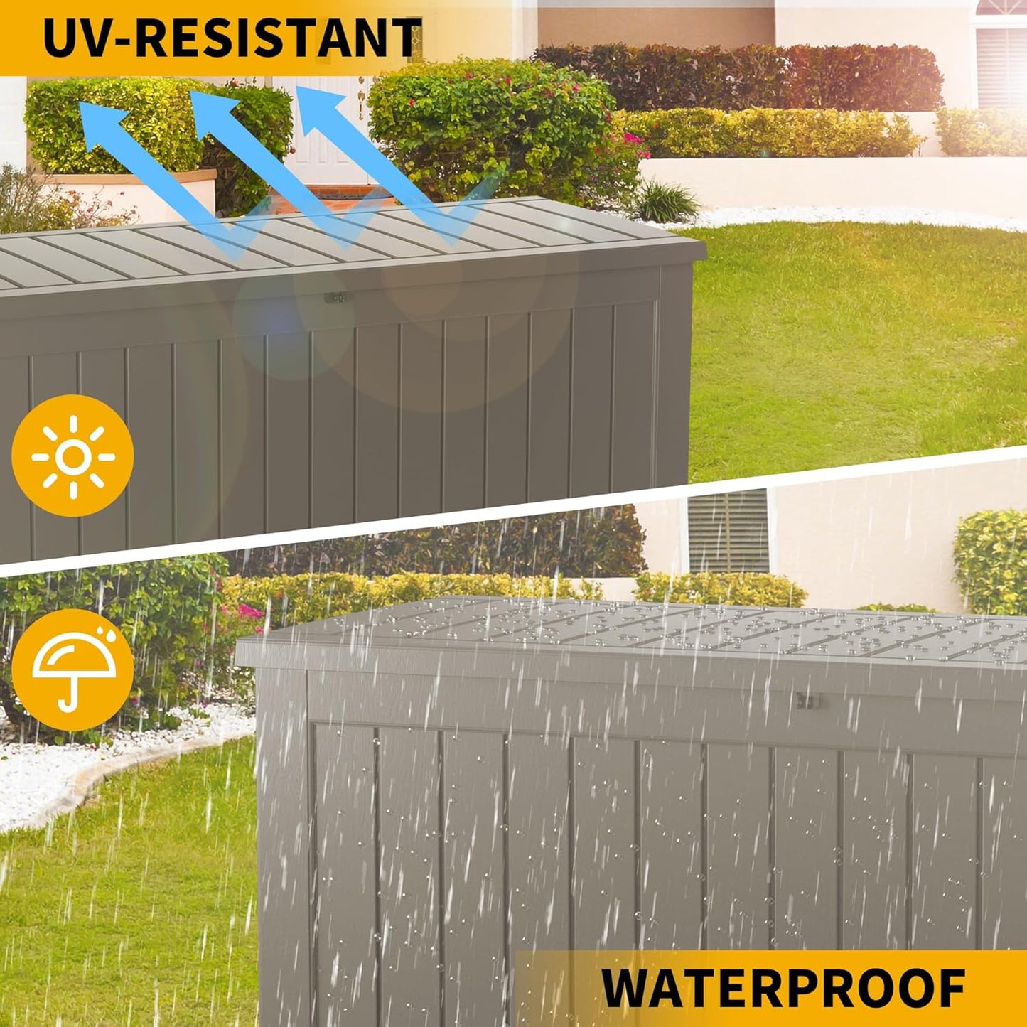 80 Gallon Resin Deck Box, Waterproof Outdoor Storage Bin for Patio Furniture, Pool Accessories, and Garden Tools, Lockable & UV-Resistant, Grey