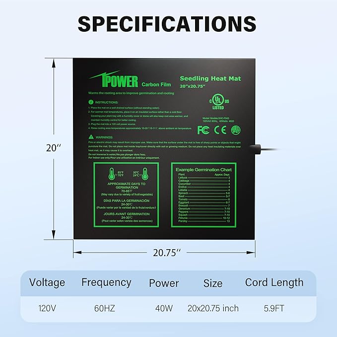 iPower 20” x 20.75” Seeding Heat Mat Upgraded Carbon Film Indoor Warm Hydroponic Plant Germination Starting Pad Durable Waterproof, 20" x 20.75", Black