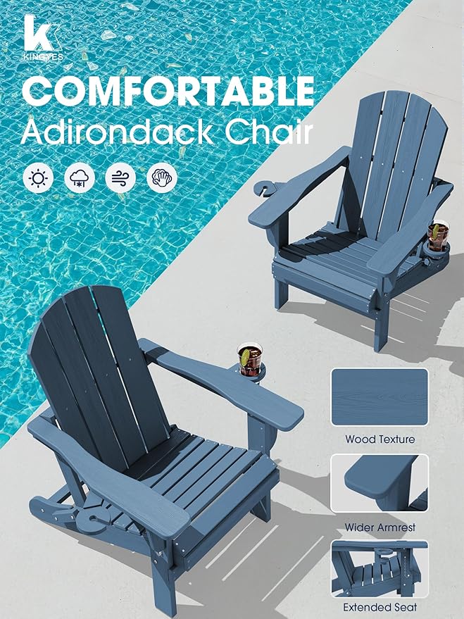 KINGYES Folding Adirondack Chair Set of 4, Dual Cup Holders & All-Weather HDPE, Wood-Like Patio Chair for Backyard, Camping, Pool & Fire Pit, Navy