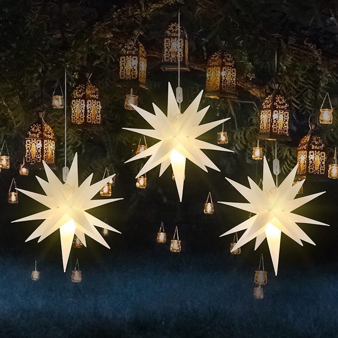 Kingdder 3 Pieces Moravian Star Light LED 3D Star Hanging Light Powered by Battery with Timer Function White Porch Lantern Holiday Decor for Indoor Outdoor Christmas Tree Balcony Courtyard (18 Inch)