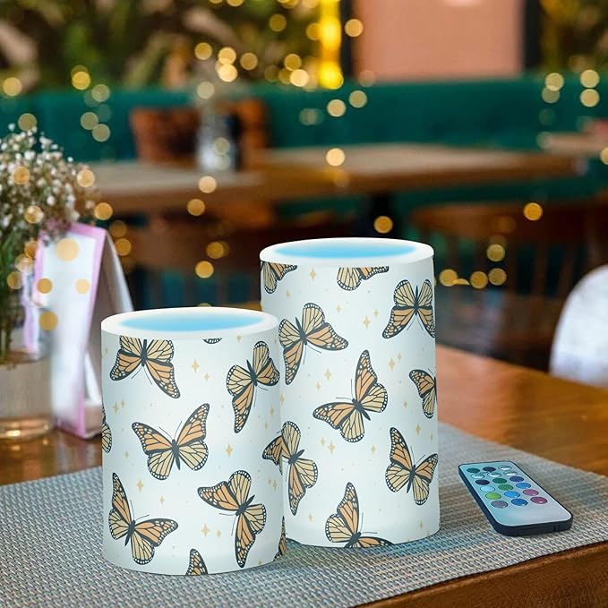 Flickering Flameless Candles, Monarch Butterflies LED Candles with Remote Timer, Set of 2 Battery Operated Candle for Valentine Wedding Birthday
