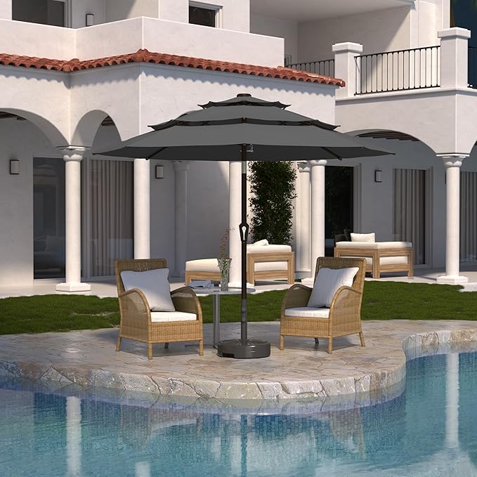 Kingdura 9ft 3-Tier Patio Umbrella, Outdoor Table Umbrella with Easy Crank & Tilt, 8 Reinforced Ribs, UV Protection for Deck, Pool, Market, Backyard (Grey)