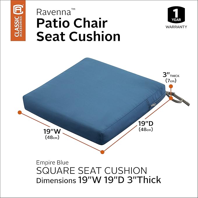 Classic Accessories Ravenna Water-Resistant 19 x 19 x 3 Inch Patio Seat Cushion, Empire Blue, Chair Seat Cushion