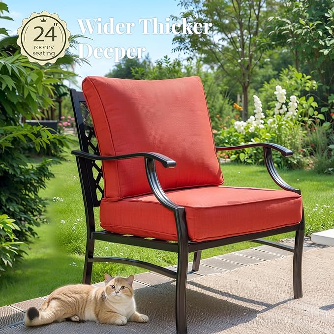 Patio Furniture Set with Fire Pit Table, 5 Pcs Metal Outdoor Conversation Set, 4 Single Chairs with 5.75" Extra Thick Cushion and 28" Fire Pit Table for Backyard Deck, Red