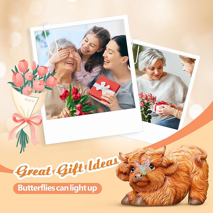 Highland Cow Solar Powered Outdoor Garden Statue, Resin Highland Cow Statue with Solar Light Lantern, Decorative Lawn, Yard Outdoor Highland Cow Decor. Unique home decorations, gifts for women