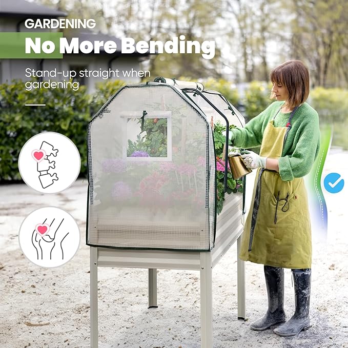 KING BIRD Large Raised Garden Bed with Cover Galvanized Elevated Planter Box with Legs 48×24×56 in for Backyard, Patio, Balcony, 400lb Capacity, Beige