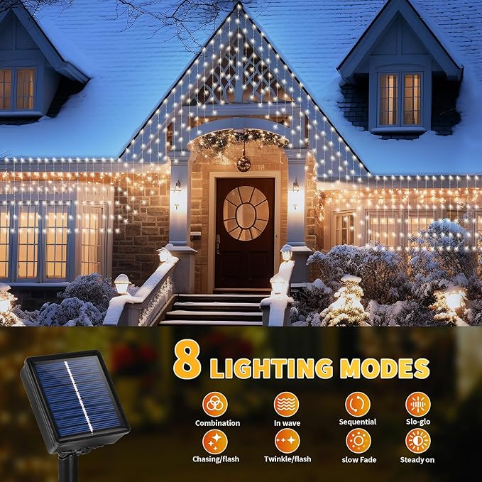 32.8 * 3.28FT Large Size Solar Curtain Lights Outdoor, 8 Modes Icicle Lights, Solar Garden Christmas Decortions for Patio, Gazebo, Eaves, Fence, Tree, Porch (White)