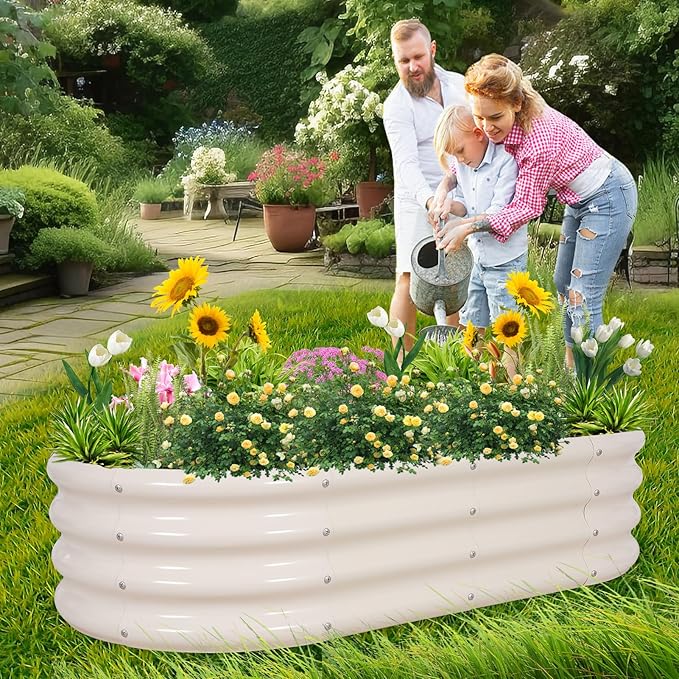 1MORE Galvanized Raised Garden Bed- Planter Garden Boxes Outdoor, Raised Beds for Gardening, 4x2x1ft Metal Garden Bed Kit for Vegetables Flower, Planter Raised Beds with Tools.White-2pack