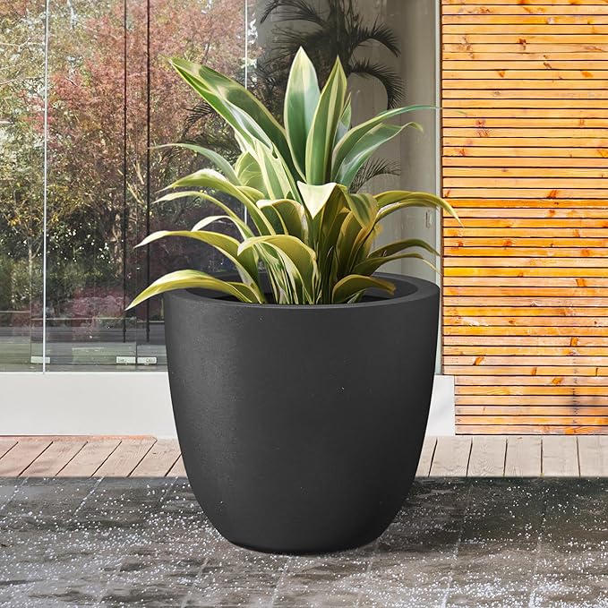 Kante 18 Inch Dia Round Concrete Planter, Indoor Outdoor Large Plant Pot with Drainage Hole and Rubber Plug for Home Patio Garden, Black