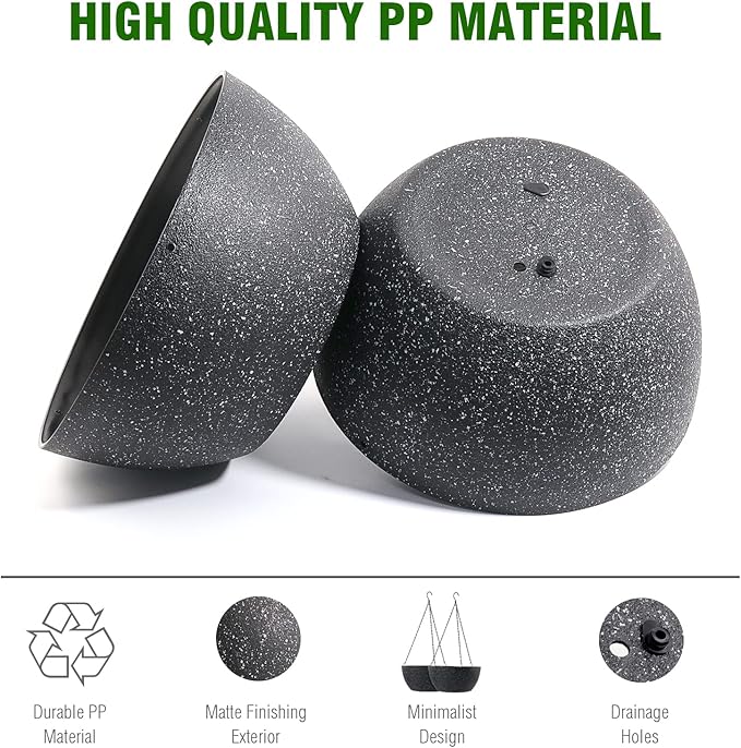 10 inch Hanging Planters for Outdoor Indoor Plants with Drainage Holes and Chain, 2 Pack Round Hanging Flower Pots for Garden Home Porch Decor, Speckled Black