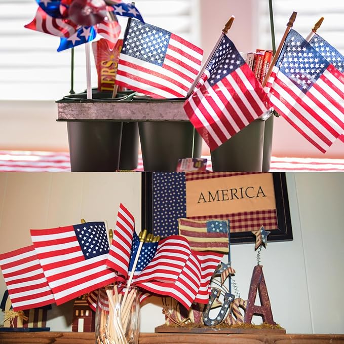 200pcs Small American Flags on Stick, Handheld 8 x 5.5 Inchs Mini American Flags with Kid-Safe Golden Spear Top, US Flags for 4th of July Decorations Outdoor, Independence Day Decorations