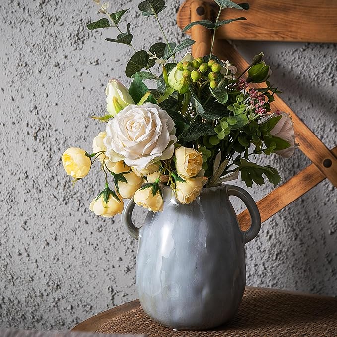 Kimdio Ceramic Vase with 2 Handles, Modern Farmhouse Grey Vase for Home Decor, Rustic Pottery Vase, Boho Decorative Terracotta for Flowers, Clay Pampas Grass Vases for Living Room Dining Table Shelves
