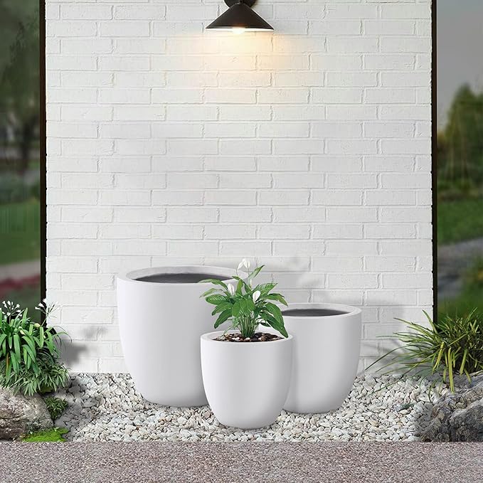Kante 18",14",10" Dia Concrete Round Planters (Set of 3), Outdoor Indoor Large Planter Pots with Drainage Hole and Rubber Plug for Home Patio Garden, Pure White