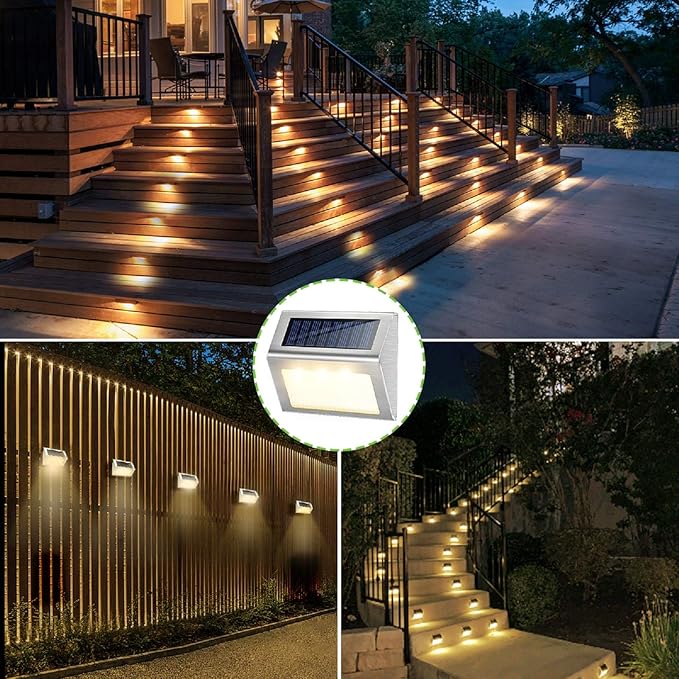JSOT 12 Pack Solar Lights Outdoor Waterproof for Stairs Decor, Solar Deck Lights Stainless Steel Step Fence Patio Post Wall Lamp for Garden Pathway Walkway LED Lamp Light [Warm Light]