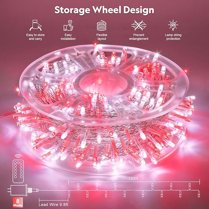 JMEXSUSS 400 LED Red and White String Lights Outdoor, 8 Modes Christmas String Lights Outdoor,132ft LED Lights Plug in for Christmas Tree Party Decorations