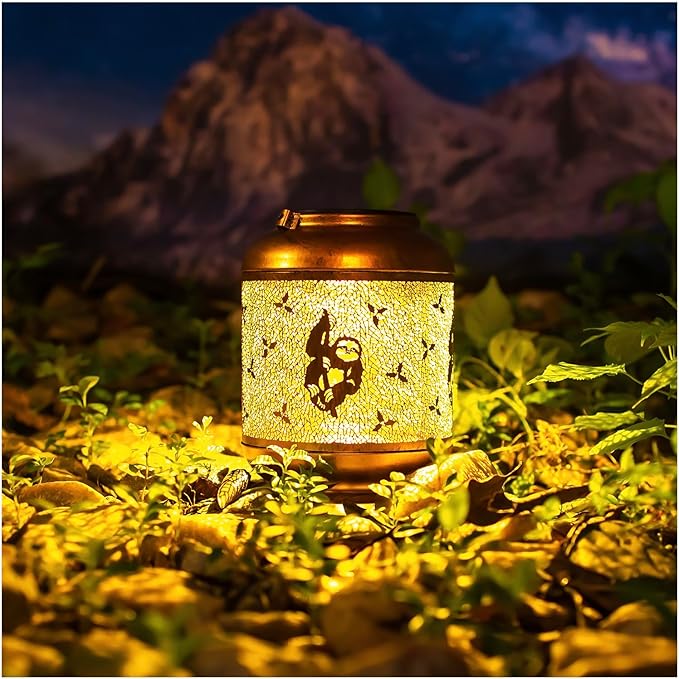 2 Pack Sloth Solar Lanterns Outdoor Waterproof Hanging Solar Lights Sloth Gifts for Women Men Mom Metal Decorative LED Outdoor Lanterns for Patio, Lawn, Landscape, Garden Decor, Yard Decorations