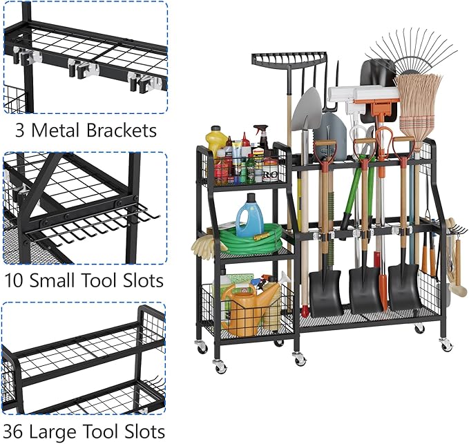 keomaisyto Garden Tool Organizer with 6 Wheels(3 lockable), Heavy Duty Yard Tool organizer with 2 Basket, Large Metal Garage Tool Organization and Storage for Garage/Shed/Yard/Broom Closet/Lawn