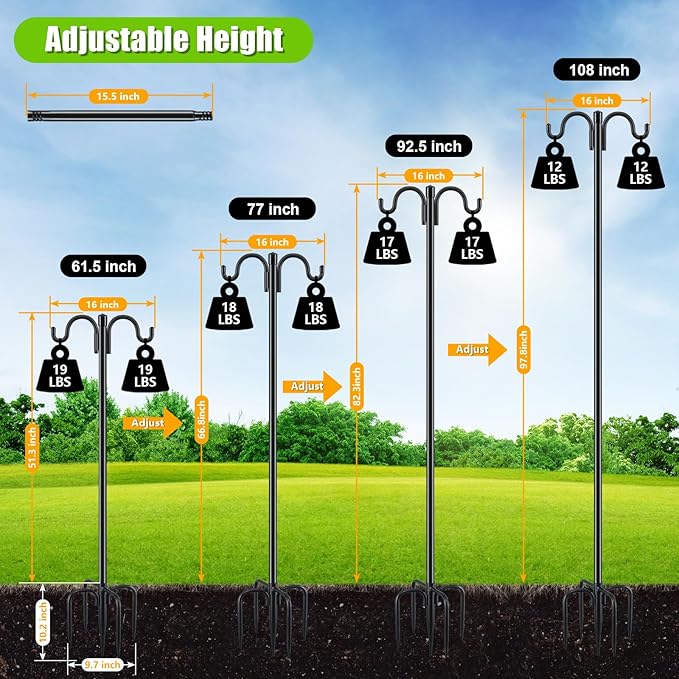 Gtongoko Double Shepherds Hook for Outdoor, 77 Inch Heavy Duty Bird Feeder Pole 3/4 Inch Thick Garden Hooks for Hanging Hummingbird Feeder, Plant Baskets, Solar Light Lanterns, 1 Pack