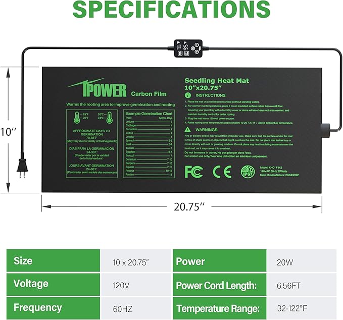 iPower Seedling Heat Mat for Plants with Dual Digital Temperature Controller, 10" x 20.75", Black