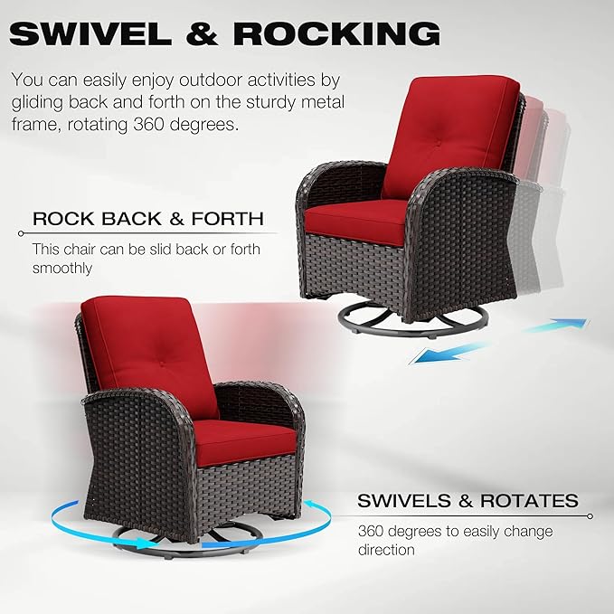 Joyside 6 Piece Patio Furniture Set, Outdoor Wicker Conversation Sets with Swivel Rocker Chairs and Sofa, Thick Cushion, Rattan Patio Sectional for Porch, Deck Use (Brown/Red, 6 PCS)