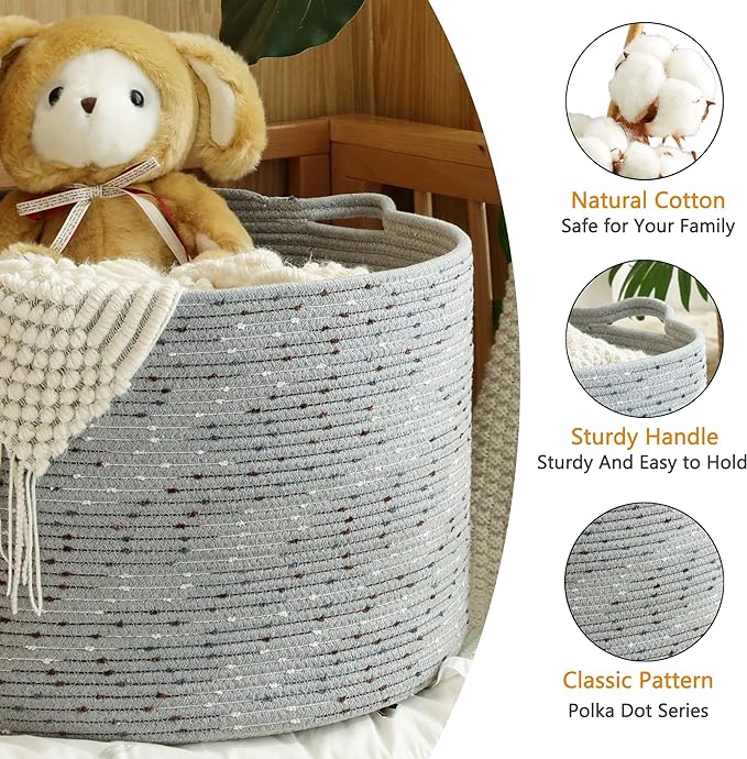 KAKAMAY Large Blanket Basket (20"x13"),Woven Baskets for storage Baby Laundry Hamper, Cotton Rope Blanket Basket for Living Room, Laundry, Nursery, Pillows, Grey with Blue & Brown Dotted