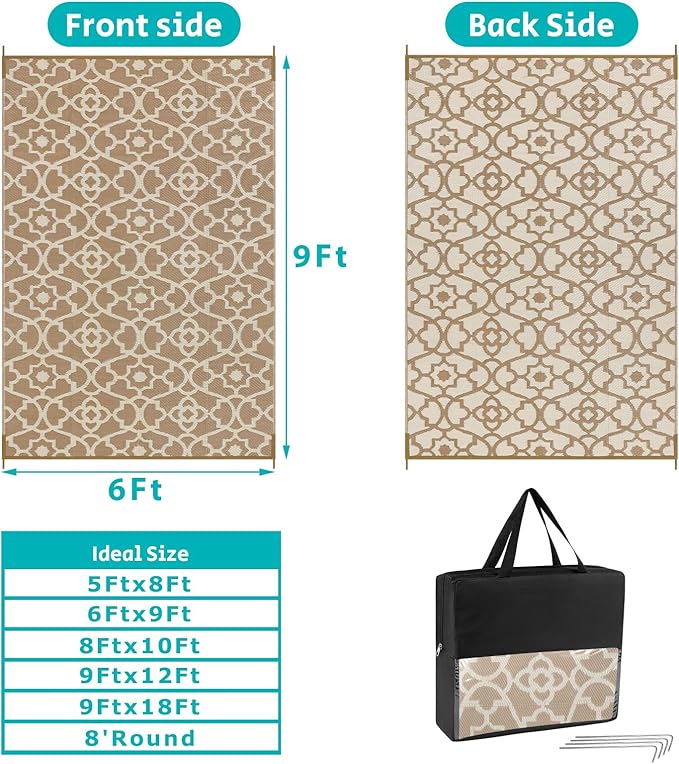 HEBE Outdoor Rug Waterproof 6x9, Plastic Straw Rug Camping Rug, Reversible Outdoor Patio Rugs RV Mat Clearance, Indoor Outside Floor Carpet for Porch,Deck,Camper,Balcony,Backyard