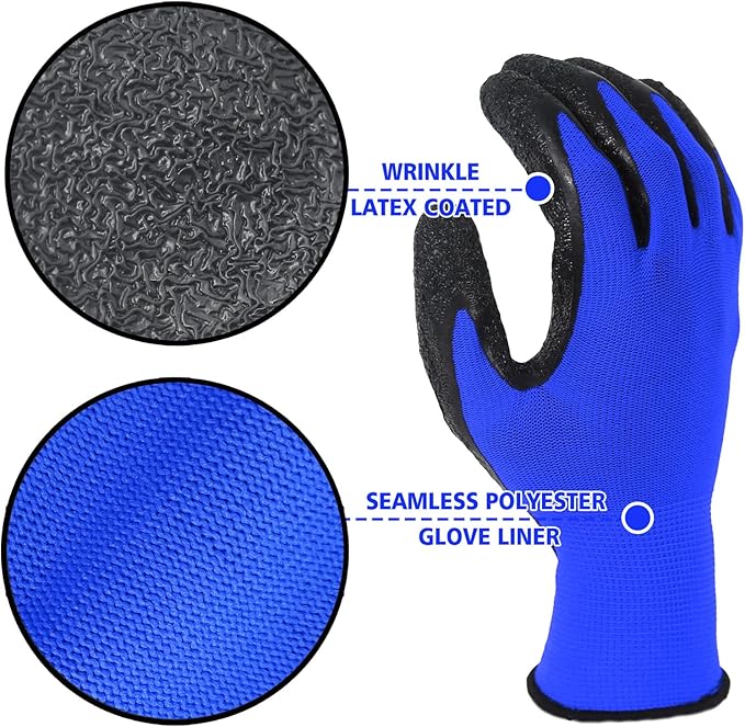Evridwear Crinkle Latex Rubber Hand Coated Safety Work Gloves for Men Women General Multi Use Construction Warehouse Gardening Assembly Landscaping (L-Size) Blue 120 Pairs Pack