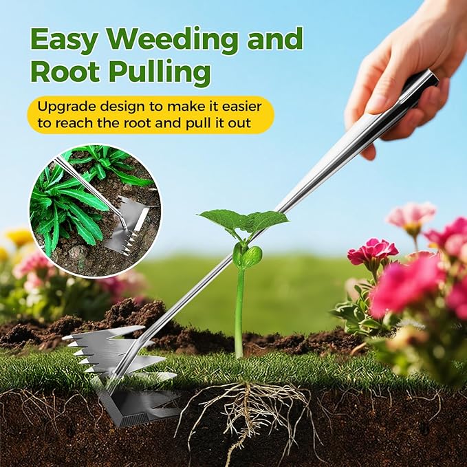 2025 Upgraded Weed Puller Tool,Portable Garden Weed Rake Uprooting Weeding Tool with Handle,6 Tooth Manganese Steel Manual Weeder Remover Tool for Gardening Backyard Farm Planting & Weeding