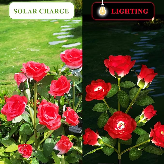 2 Pack Solar Garden Lights Outdoor, 7-Flower Rose LED Stake Light for Yard Patio Pathway Lawn Fence Cemetery, Red