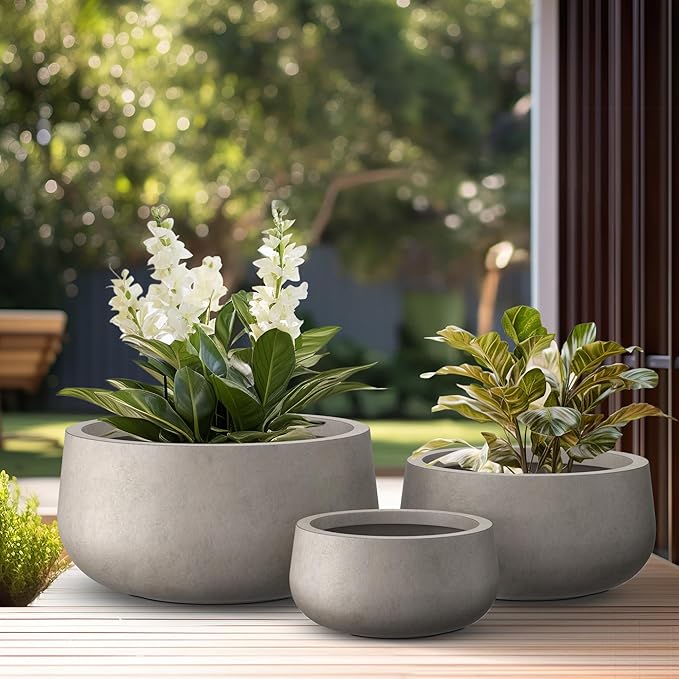 Kante 19.6",15.7",11.8" Dia Round Concrete Planters Set of 3, Outdoor Indoor Large Plant Pots with Drainage Hole, Modern Curvaceous Design, Weathered Concrete