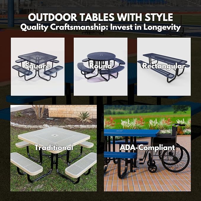Heavy-Duty Portable Outdoor Picnic Table with Umbrella Hole, Punched Steel Commercial-Grade Patio Furniture Made in America (46" Round Top, Burgundy with Burgundy Frames)