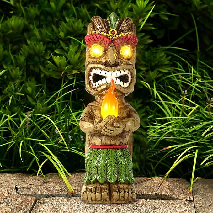 13" Tall Solar Torch Tiki Garden Statue, Resin Large Tiki Decor Figurine with Solar Lights, Hawaiian Tiki Man, Outdoor Patio Yard Lawn Bar Party Beach Pool Pond Decoration, Valentine's Day Gift
