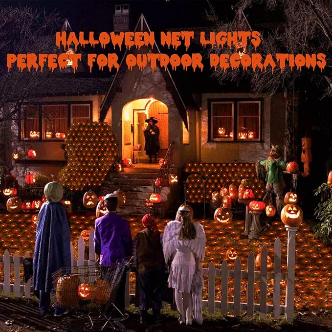 JMEXSUSS 360 LED 12ft x 5ft Halloween Net Lights - Connectable Orange Outdoor Mesh Lights With Remote, 8 Modes Plug-in for Bushes Shrubs Decorations