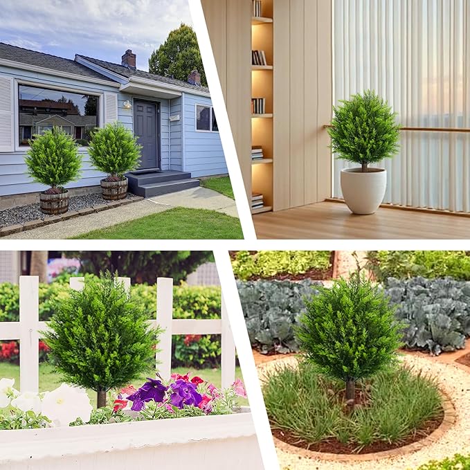 26.5" Artificial Cedar Topiary Ball Trees, Set of 2 UV Resistant Fake Evergreen Trees Shrubs Bushes Artificial Plants with Ground Spike Faux Cypress Plants for Indoor Outdoor Front Porch Garden