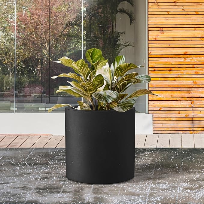 Kante 12.6" Dia Round Concrete Planter, Modern Style Large Cylindrical Plant Pot with Drainage Hole and Rubber Plug for Indoor Outdoor Patio, Black