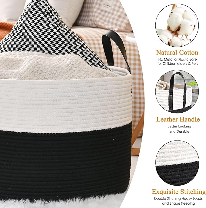 KAKAMAY Large Blanket Basket (20"x13"),Woven Baskets for storage Baby Laundry Hamper, Cotton Rope Blanket Basket for Living Room, Laundry, Nursery, Pillows, Baby Toy chest (White/Black)