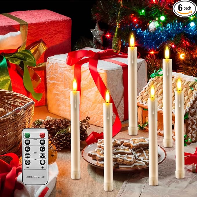 JOSU 6 Pack Flameless Candles with Remote Control Timer, Flickering LED Taper Candles Battery Operated, Christmas Window Light for Candleholder for Home Decor Thanksgiving Wedding Decoration